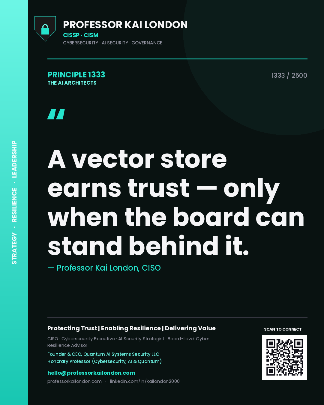 Quote card by Professor Kai London reading 'A vector store earns trust — only when the board can stand behind it.'. From the book The AI Architects.