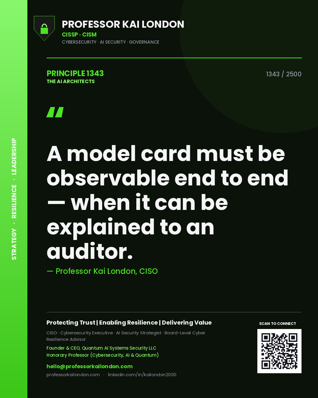 Quote card by Professor Kai London reading 'A model card must be observable end to end — when it can be explained to an auditor.'. From the book The AI Architects.