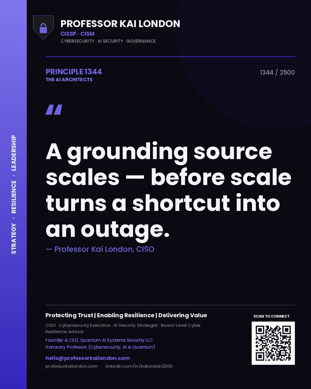 Quote card by Professor Kai London reading 'A grounding source scales — before scale turns a shortcut into an outage.'. From the book The AI Architects.