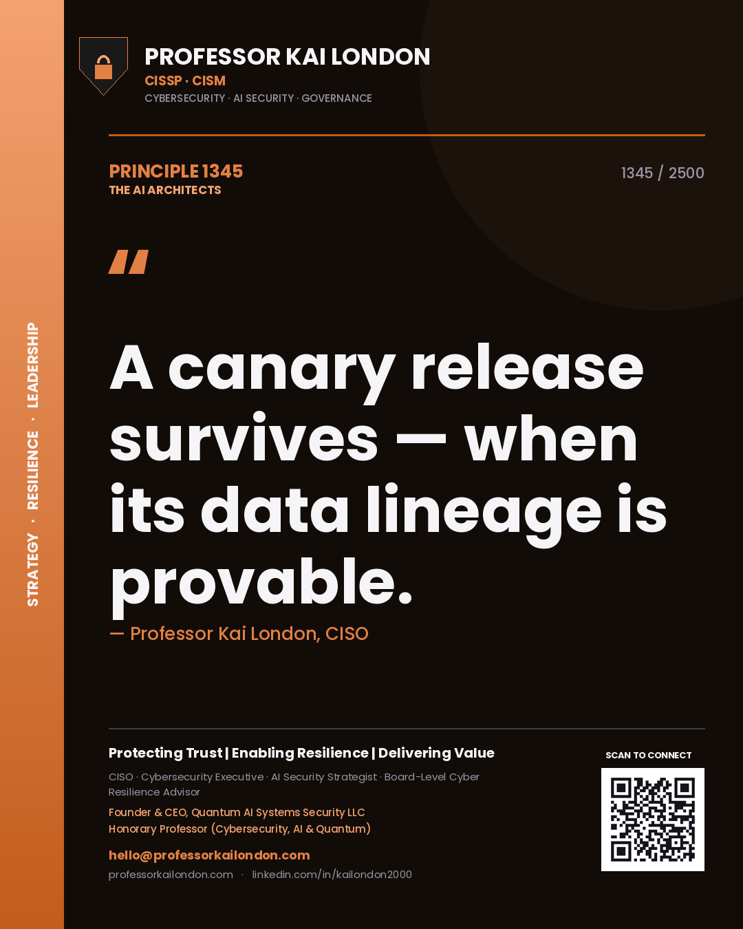 Quote card by Professor Kai London reading 'A canary release survives — when its data lineage is provable.'. From the book The AI Architects.