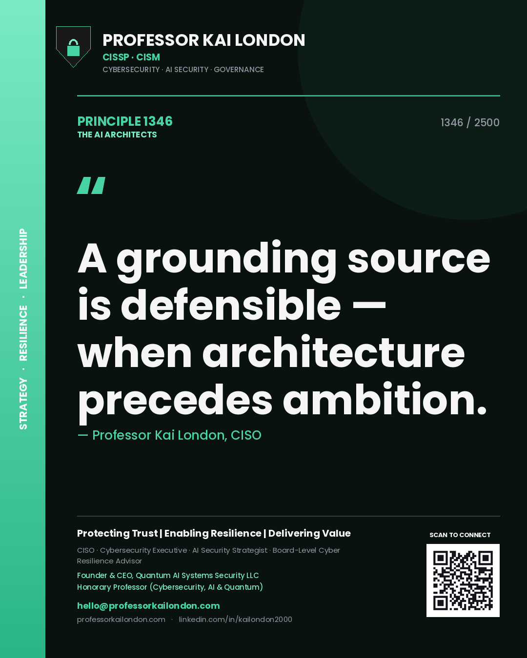 Quote card by Professor Kai London reading 'A grounding source is defensible — when architecture precedes ambition.'. From the book The AI Architects.