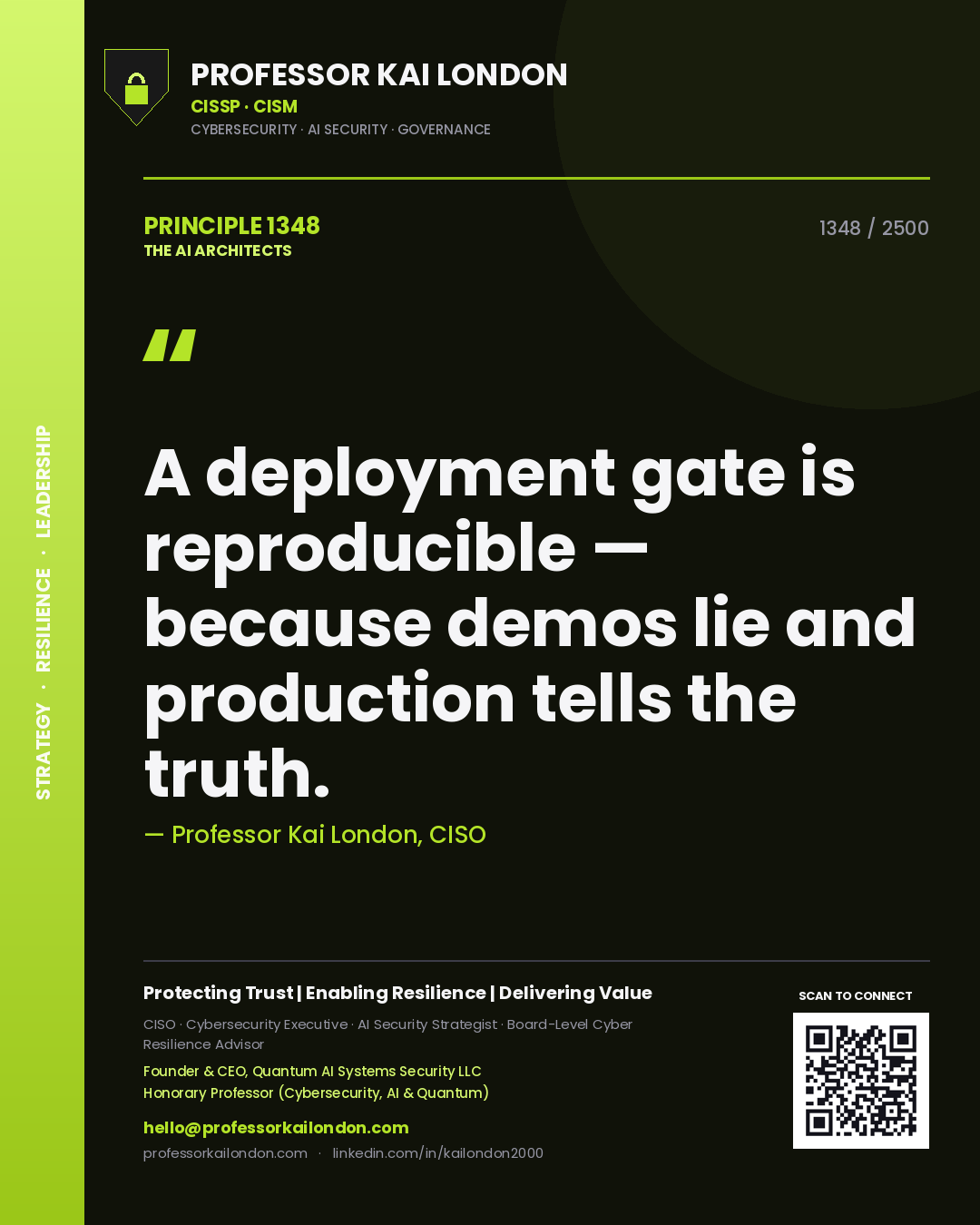 Quote card by Professor Kai London reading 'A deployment gate is reproducible — because demos lie and production tells the truth.'. From the book The AI Architects.