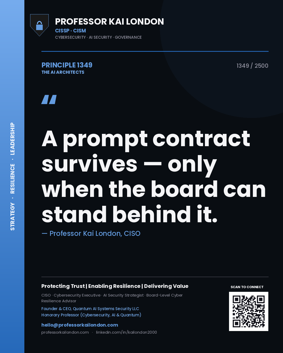 Quote card by Professor Kai London reading 'A prompt contract survives — only when the board can stand behind it.'. From the book The AI Architects.