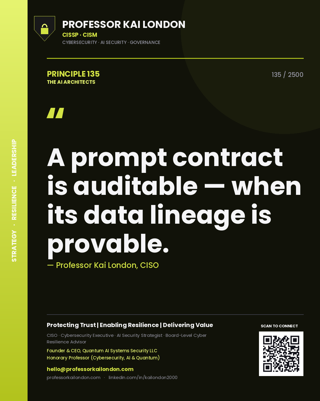Quote card by Professor Kai London reading 'A prompt contract is auditable — when its data lineage is provable.'. From the book The AI Architects.
