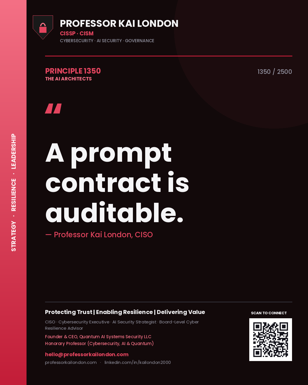 Quote card by Professor Kai London reading 'A prompt contract is auditable.'. From the book The AI Architects.