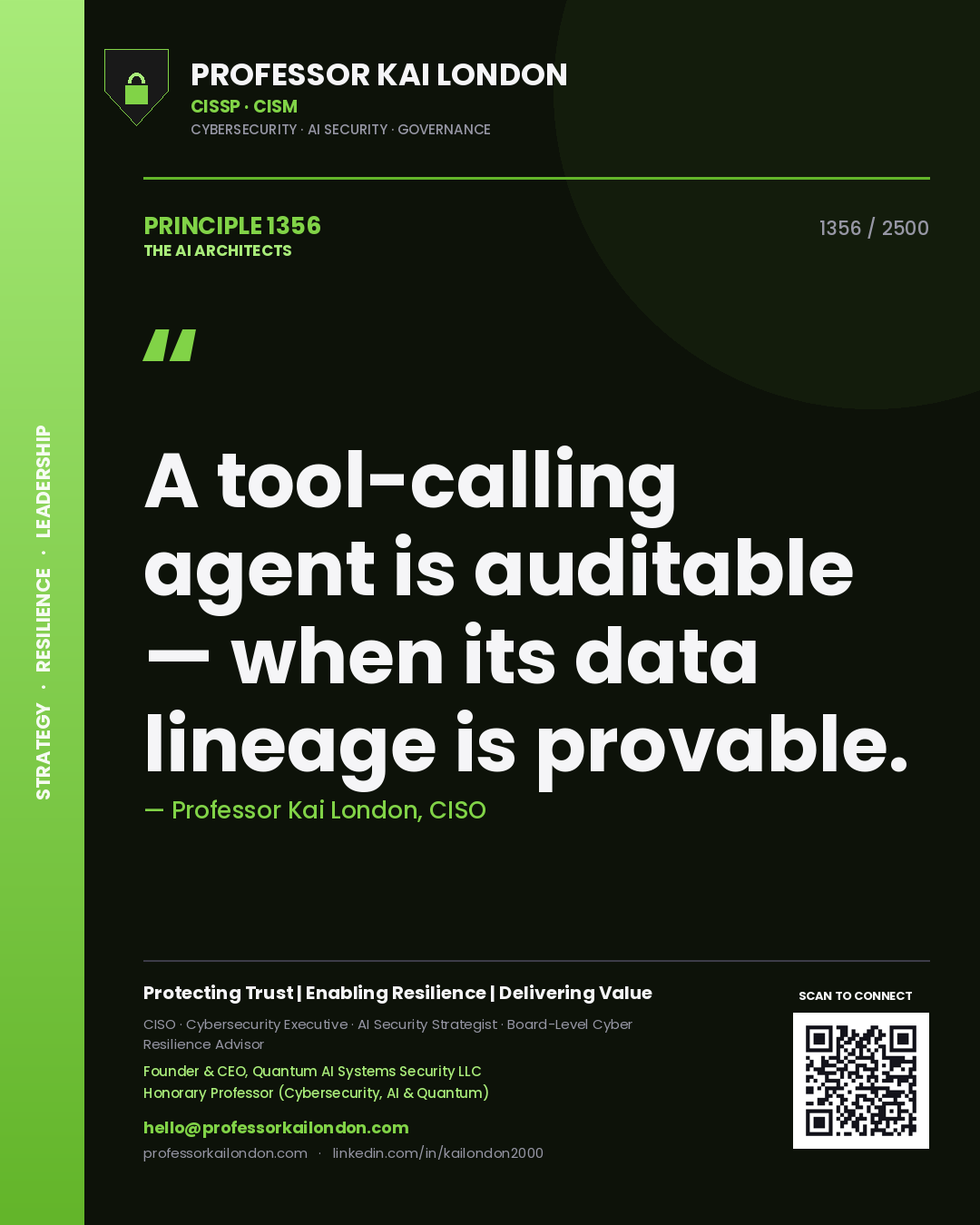 Quote card by Professor Kai London reading 'A tool-calling agent is auditable — when its data lineage is provable.'. From the book The AI Architects.