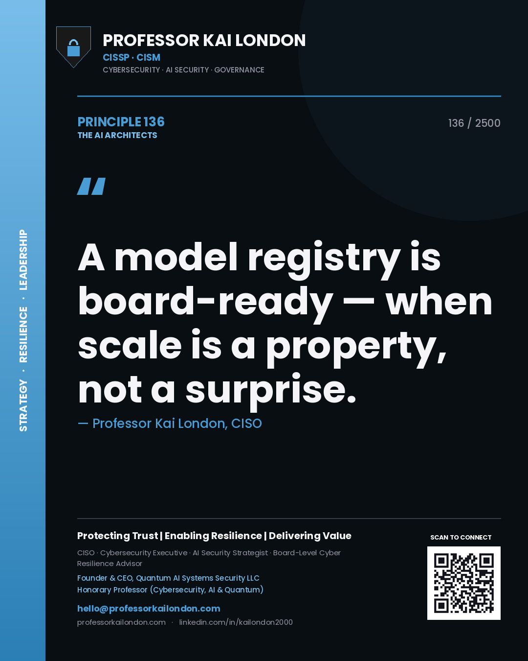 Quote card by Professor Kai London reading 'A model registry is board-ready — when scale is a property, not a surprise.'. From the book The AI Architects.