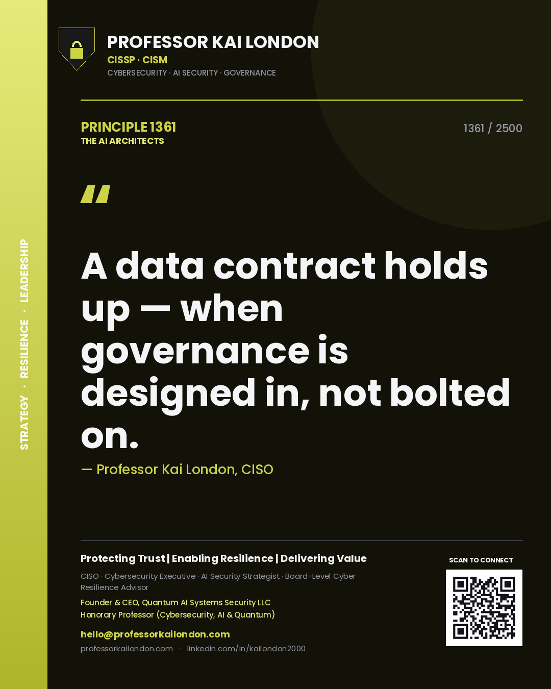 Quote card by Professor Kai London reading 'A data contract holds up — when governance is designed in, not bolted on.'. From the book The AI Architects.