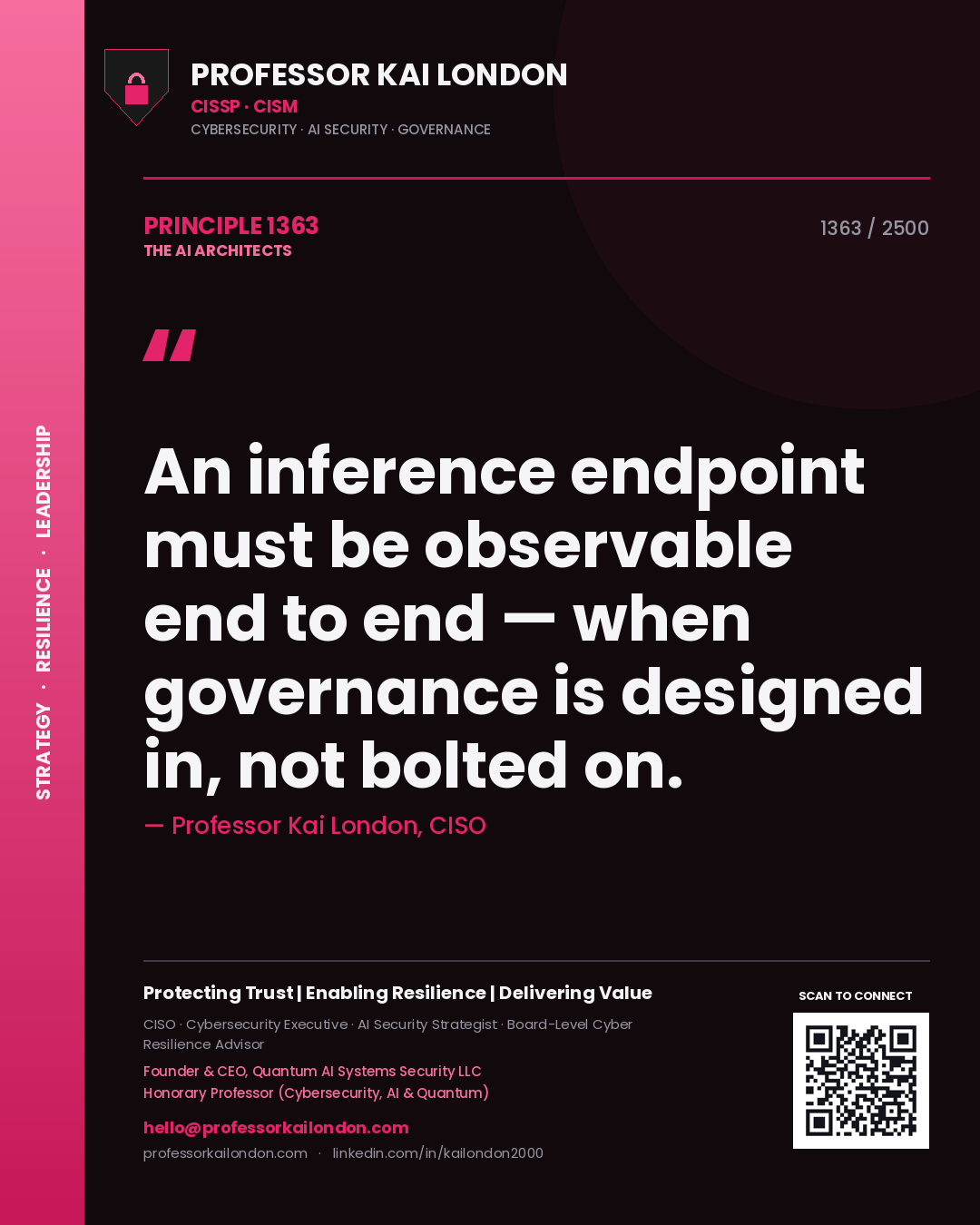 Quote card by Professor Kai London reading 'An inference endpoint must be observable end to end — when governance is designed in, not bolted on.'. From the book The AI Architects.