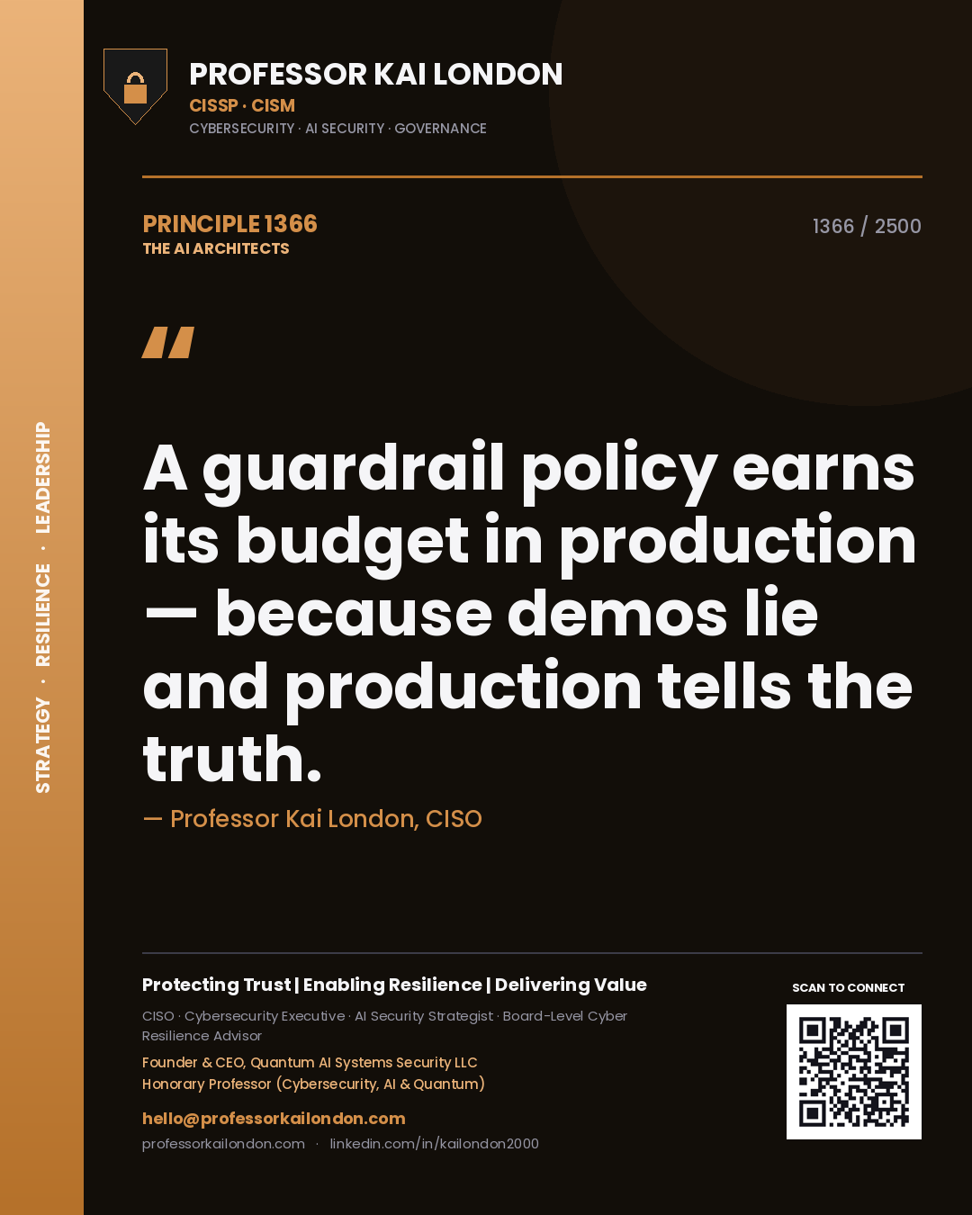 Quote card by Professor Kai London reading 'A guardrail policy earns its budget in production — because demos lie and production tells the truth.'. From the book The AI Architects.