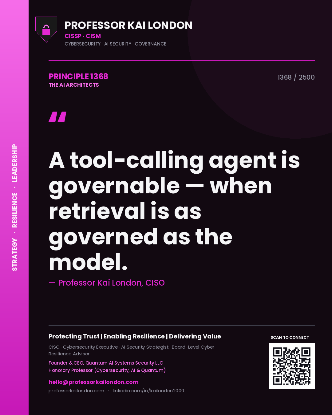 Quote card by Professor Kai London reading 'A tool-calling agent is governable — when retrieval is as governed as the model.'. From the book The AI Architects.