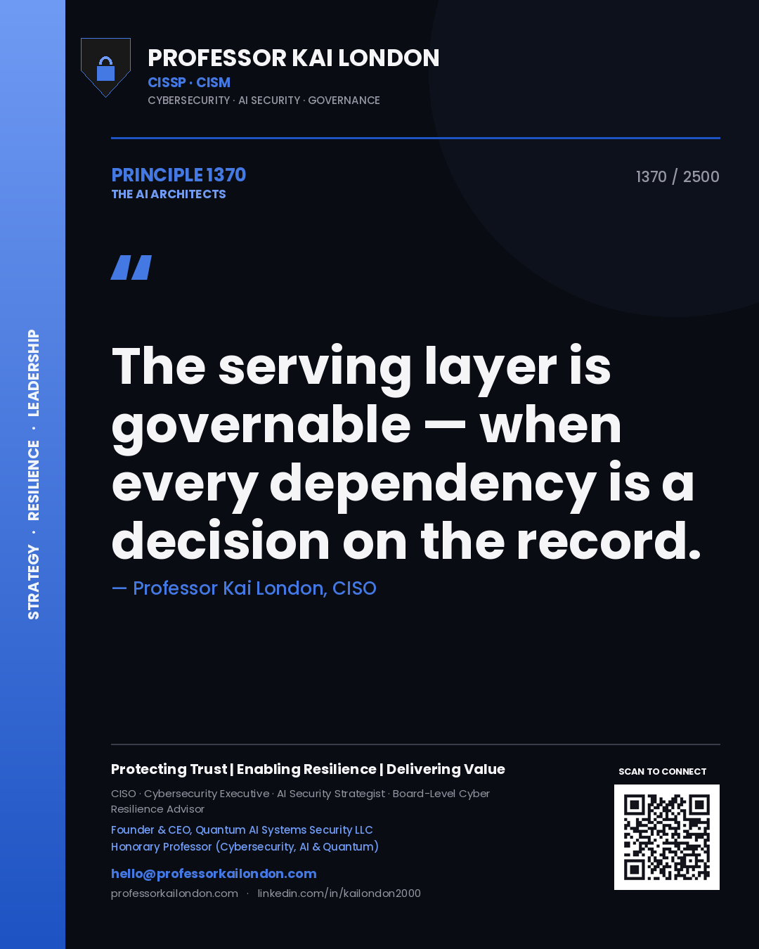 Quote card by Professor Kai London reading 'The serving layer is governable — when every dependency is a decision on the record.'. From the book The AI Architects.
