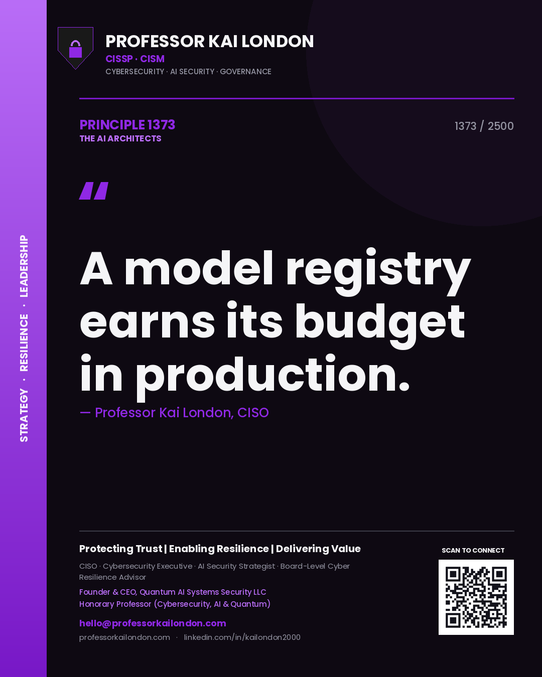 Quote card by Professor Kai London reading 'A model registry earns its budget in production.'. From the book The AI Architects.
