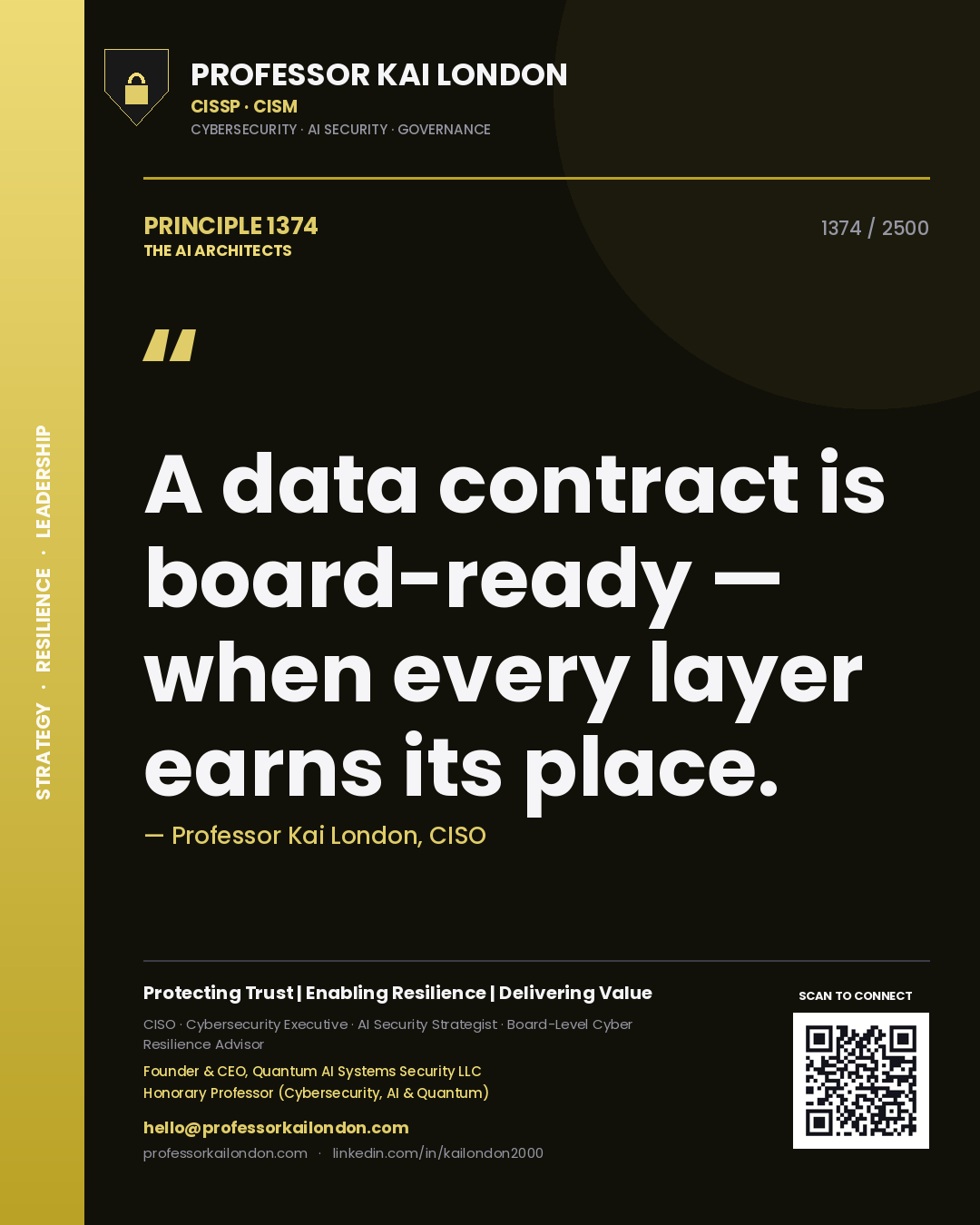 Quote card by Professor Kai London reading 'A data contract is board-ready — when every layer earns its place.'. From the book The AI Architects.