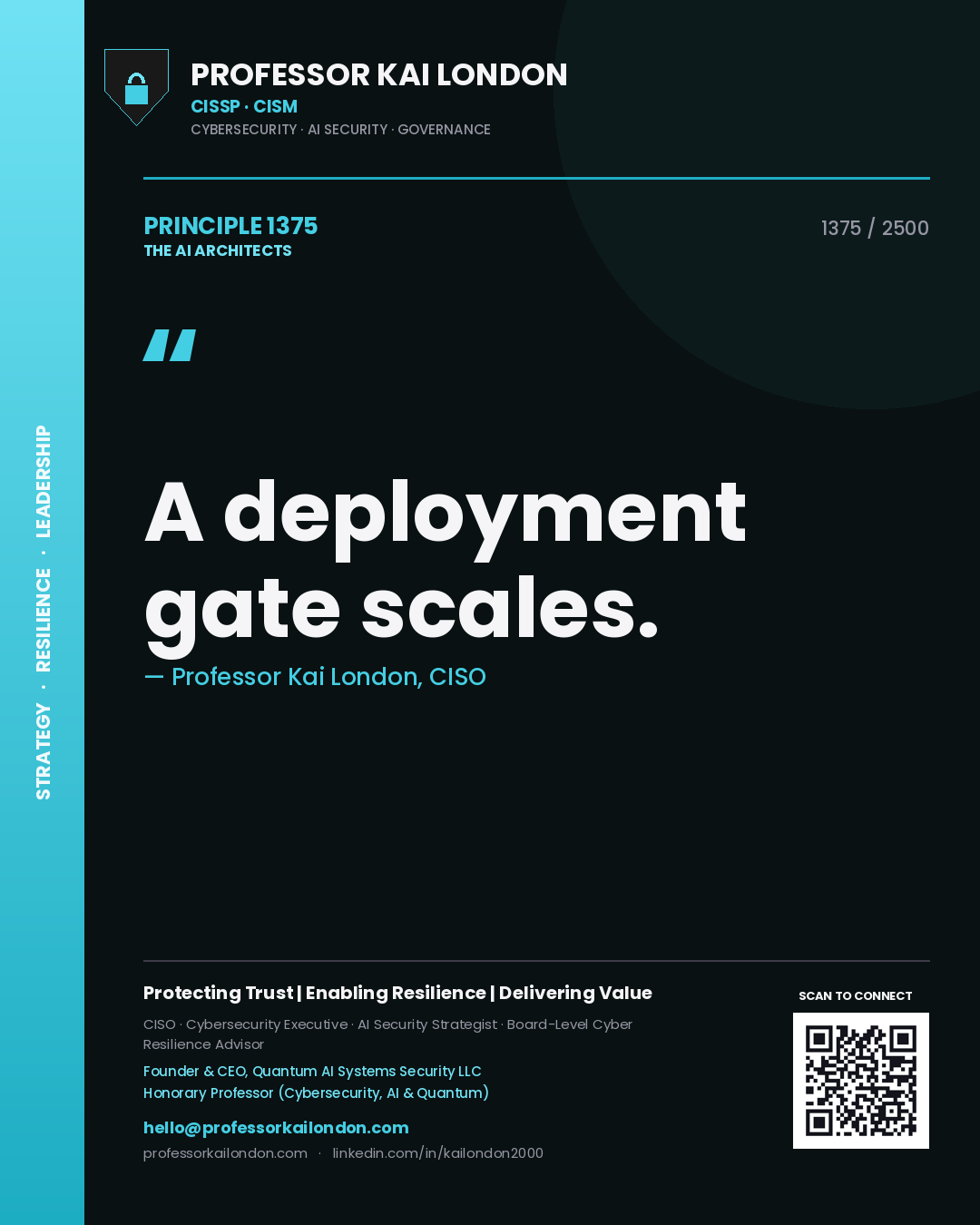 Quote card by Professor Kai London reading 'A deployment gate scales.'. From the book The AI Architects.
