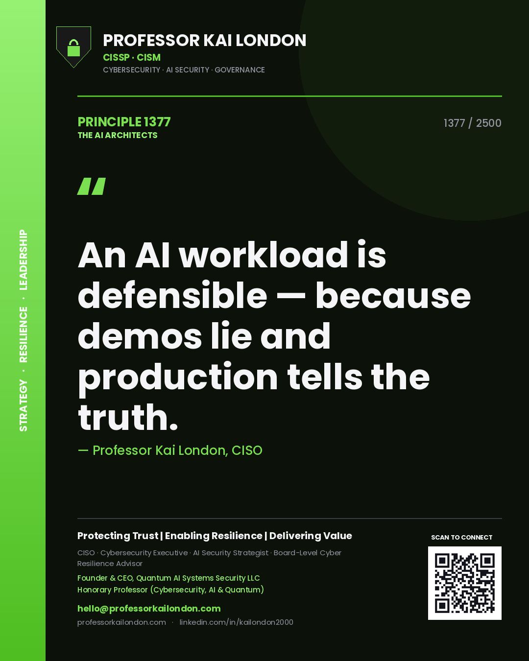 Quote card by Professor Kai London reading 'An AI workload is defensible — because demos lie and production tells the truth.'. From the book The AI Architects.