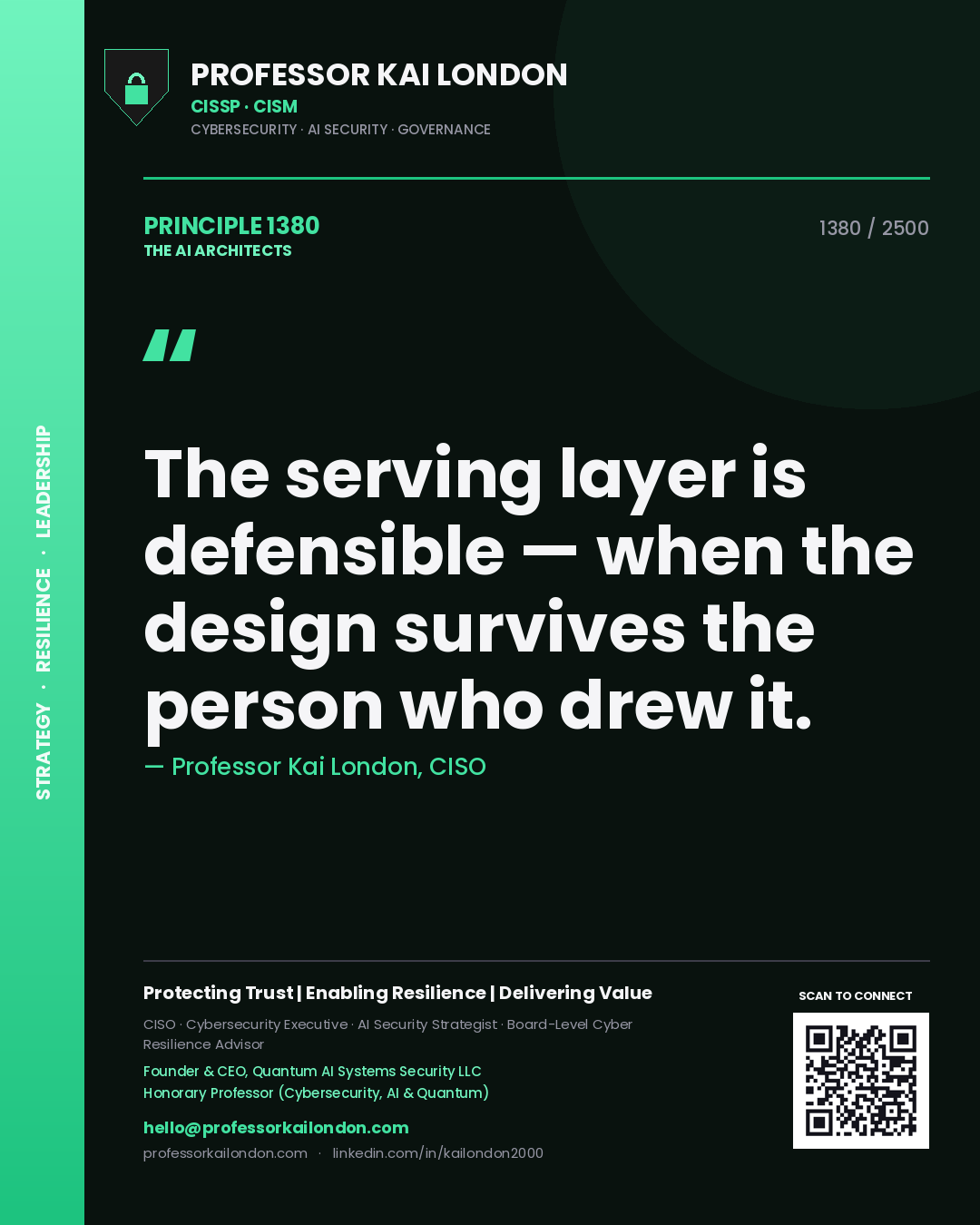 Quote card by Professor Kai London reading 'The serving layer is defensible — when the design survives the person who drew it.'. From the book The AI Architects.