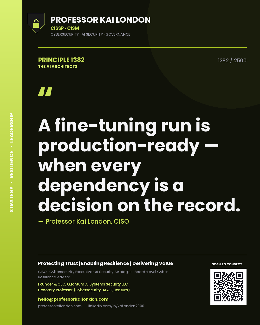 Quote card by Professor Kai London reading 'A fine-tuning run is production-ready — when every dependency is a decision on the record.'. From the book The AI Architects.
