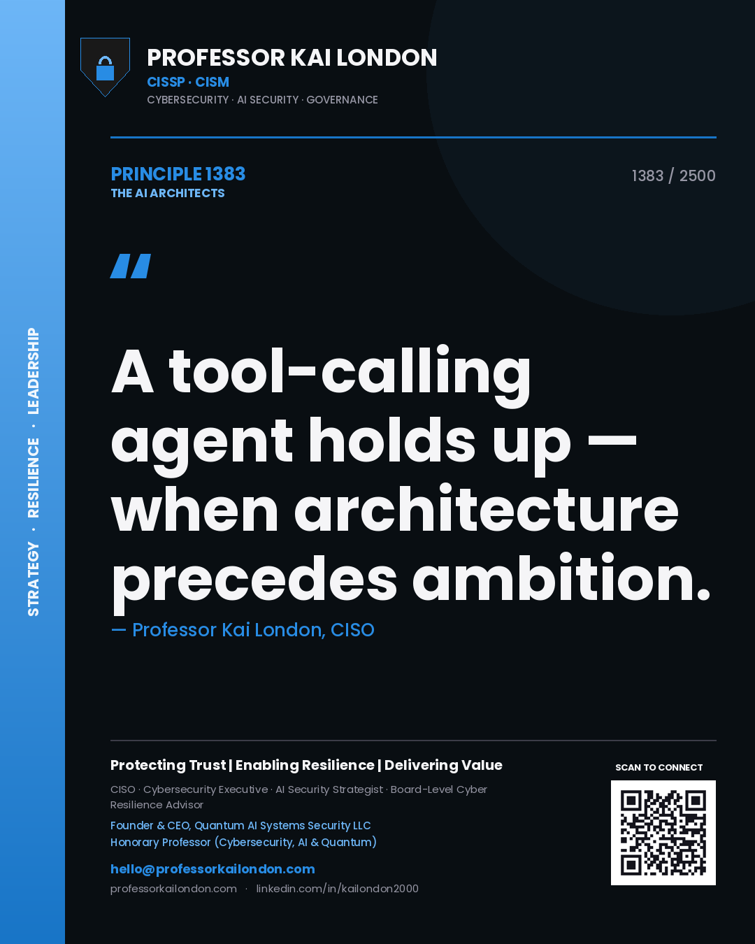 Quote card by Professor Kai London reading 'A tool-calling agent holds up — when architecture precedes ambition.'. From the book The AI Architects.