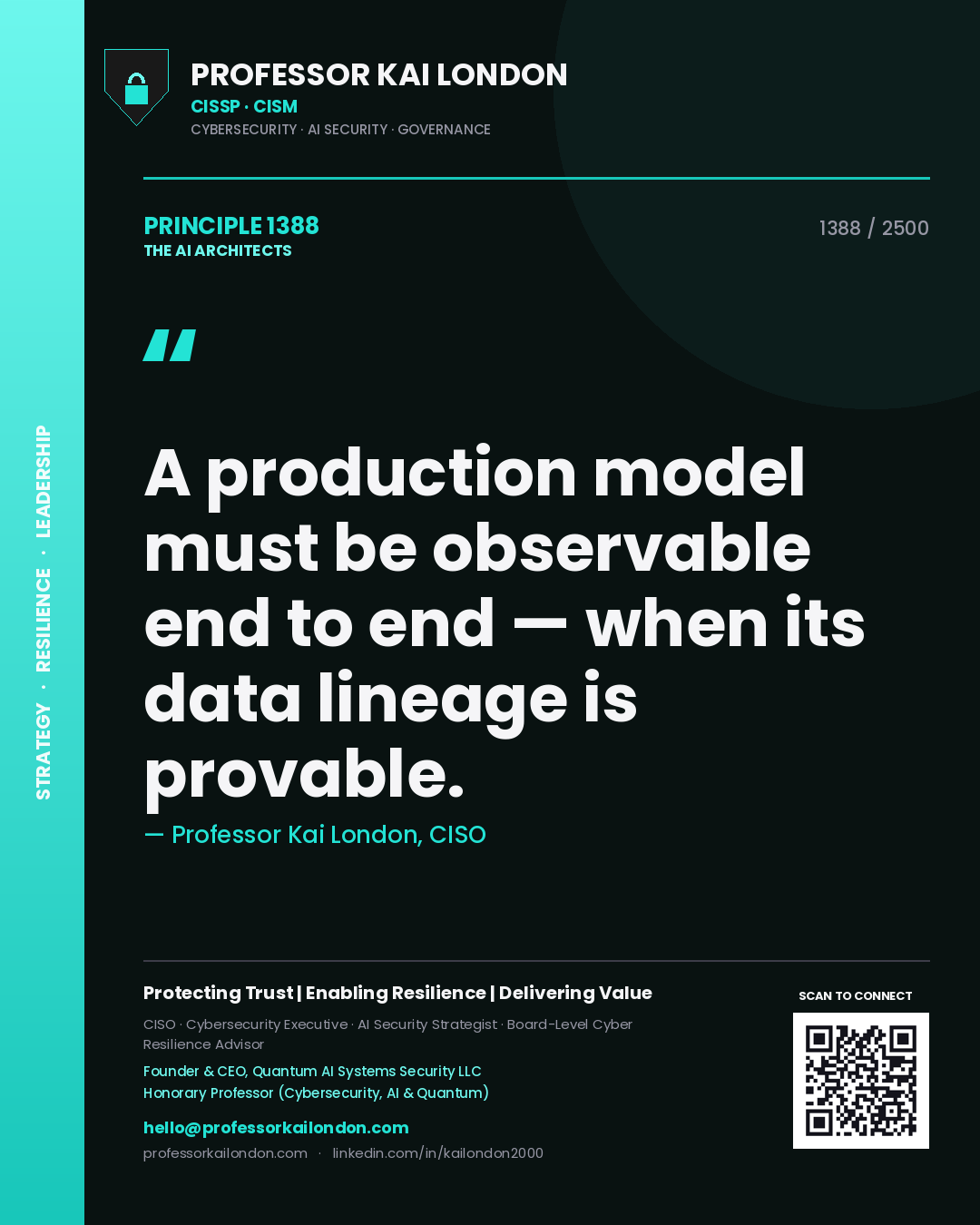 Quote card by Professor Kai London reading 'A production model must be observable end to end — when its data lineage is provable.'. From the book The AI Architects.