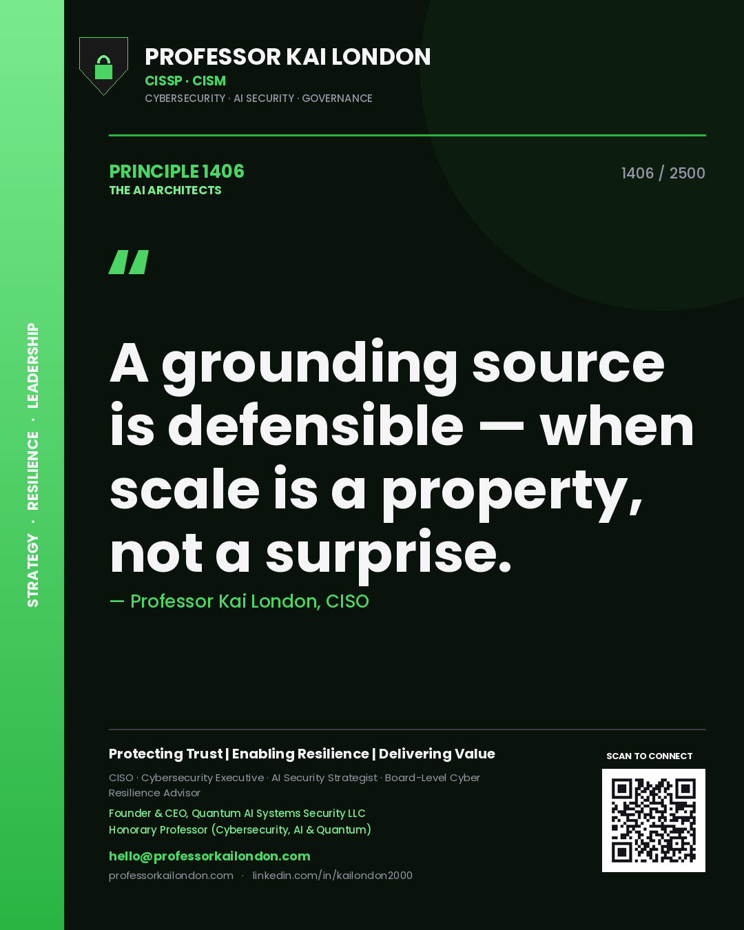 Quote card by Professor Kai London reading 'A grounding source is defensible — when scale is a property, not a surprise.'. From the book The AI Architects.