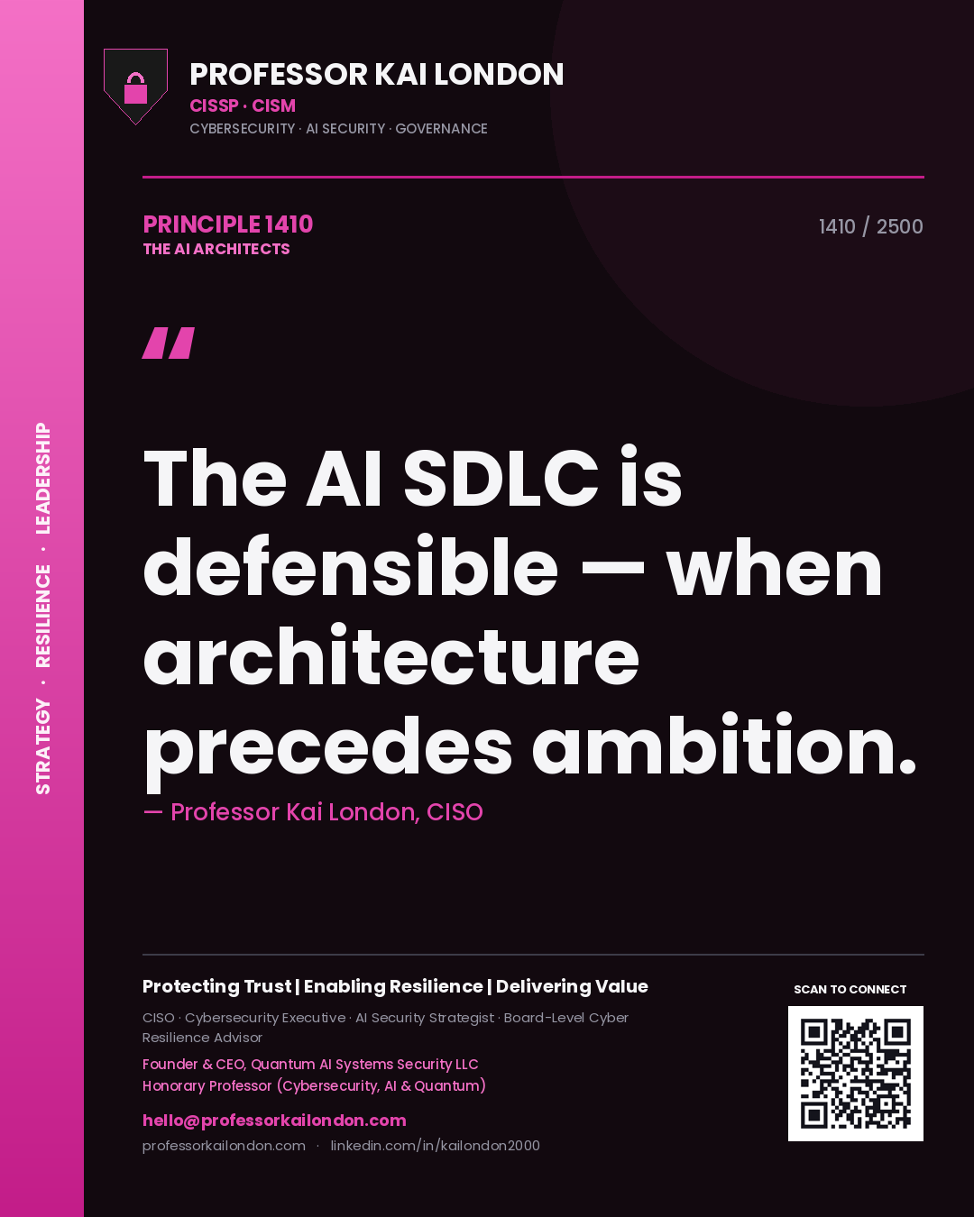 Quote card by Professor Kai London reading 'The AI SDLC is defensible — when architecture precedes ambition.'. From the book The AI Architects.