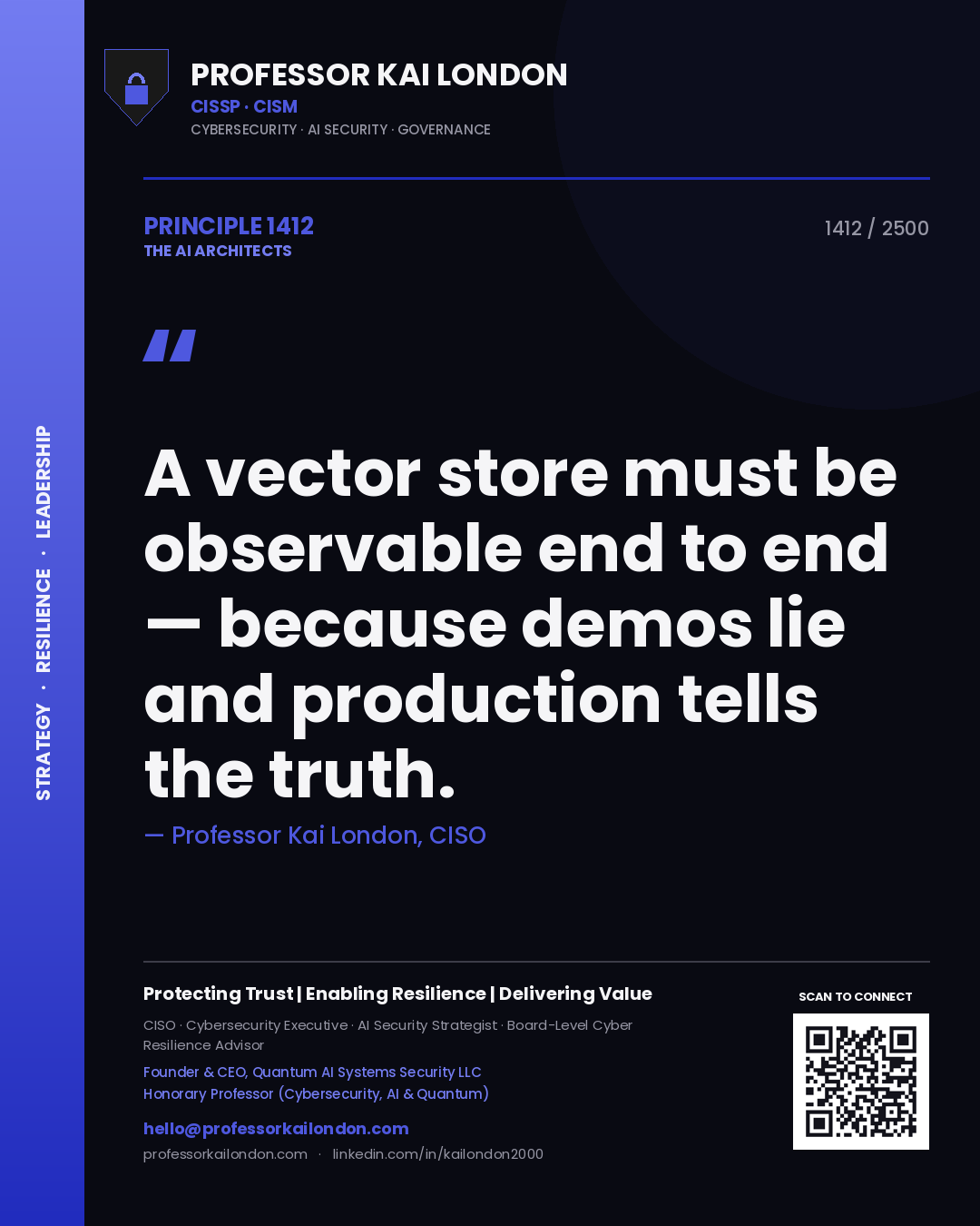 Quote card by Professor Kai London reading 'A vector store must be observable end to end — because demos lie and production tells the truth.'. From the book The AI Architects.
