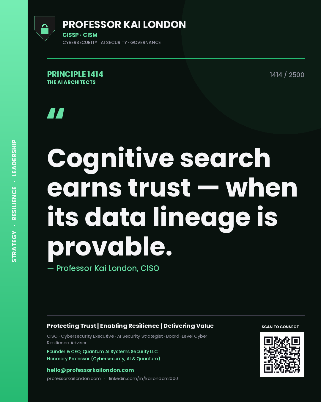 Quote card by Professor Kai London reading 'Cognitive search earns trust — when its data lineage is provable.'. From the book The AI Architects.
