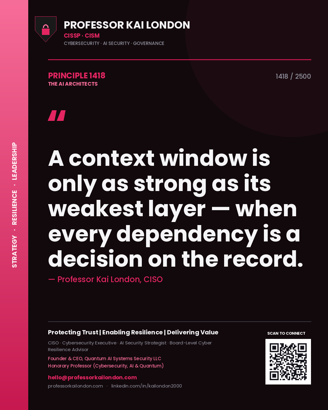 Quote card by Professor Kai London reading 'A context window is only as strong as its weakest layer — when every dependency is a decision on the record.'. From the book The AI Architects.