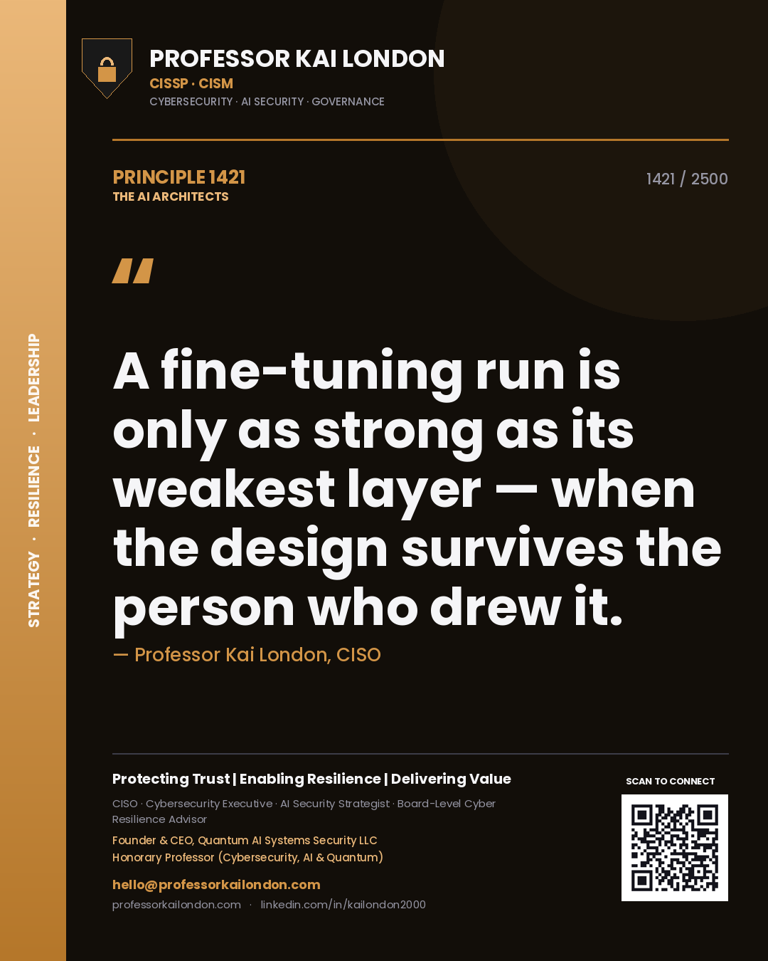 Quote card by Professor Kai London reading 'A fine-tuning run is only as strong as its weakest layer — when the design survives the person who drew it.'. From the book The AI Architects.