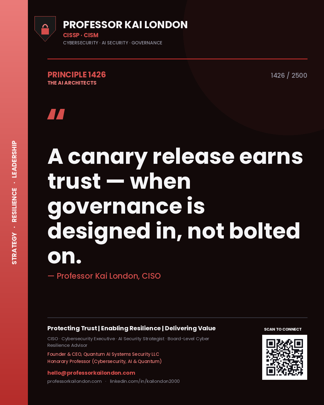 Quote card by Professor Kai London reading 'A canary release earns trust — when governance is designed in, not bolted on.'. From the book The AI Architects.