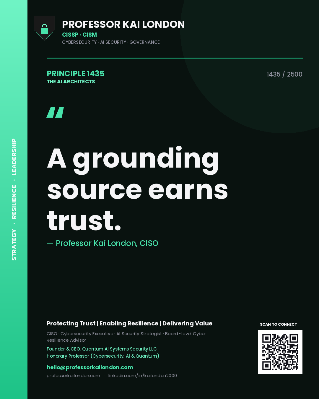Quote card by Professor Kai London reading 'A grounding source earns trust.'. From the book The AI Architects.