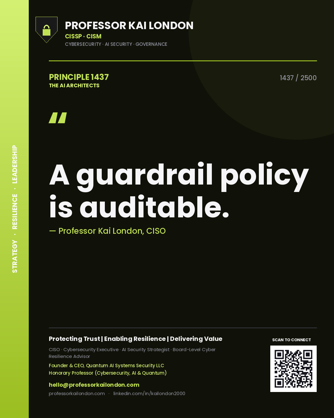 Quote card by Professor Kai London reading 'A guardrail policy is auditable.'. From the book The AI Architects.