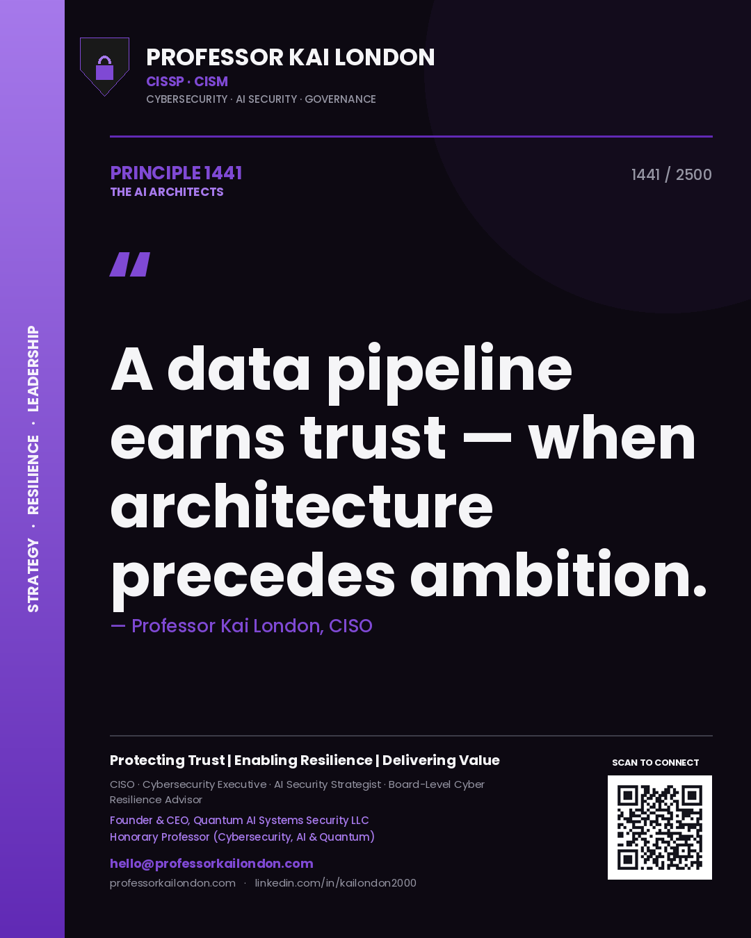 Quote card by Professor Kai London reading 'A data pipeline earns trust — when architecture precedes ambition.'. From the book The AI Architects.