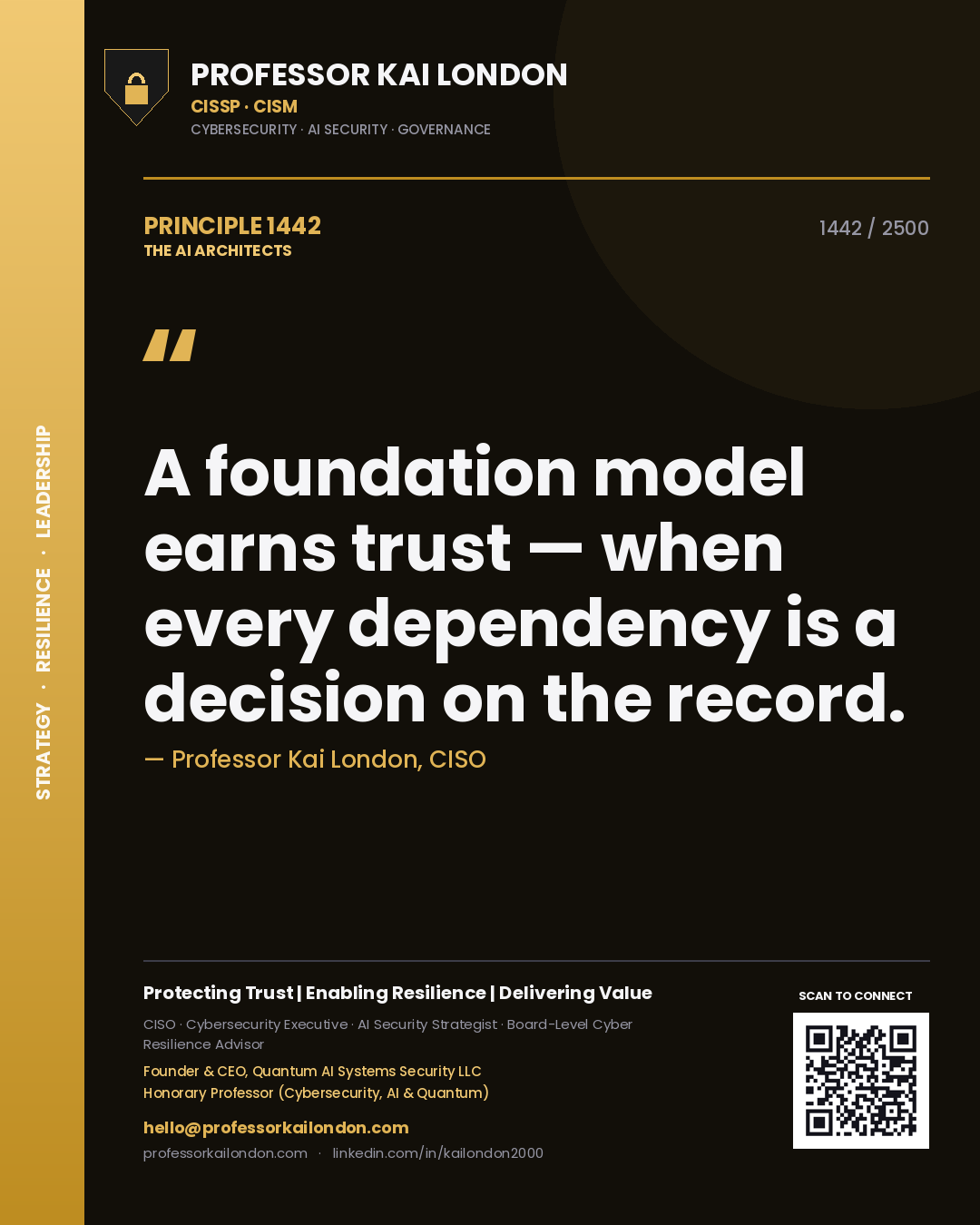 Quote card by Professor Kai London reading 'A foundation model earns trust — when every dependency is a decision on the record.'. From the book The AI Architects.