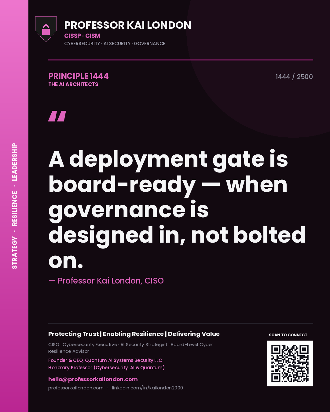 Quote card by Professor Kai London reading 'A deployment gate is board-ready — when governance is designed in, not bolted on.'. From the book The AI Architects.
