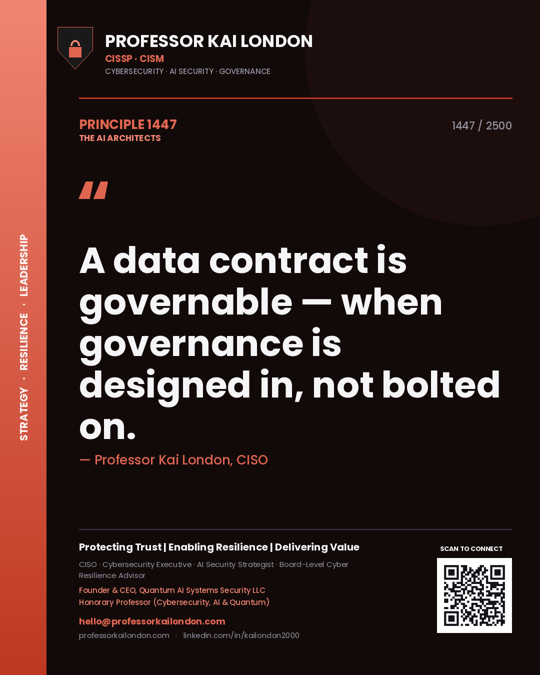 Quote card by Professor Kai London reading 'A data contract is governable — when governance is designed in, not bolted on.'. From the book The AI Architects.