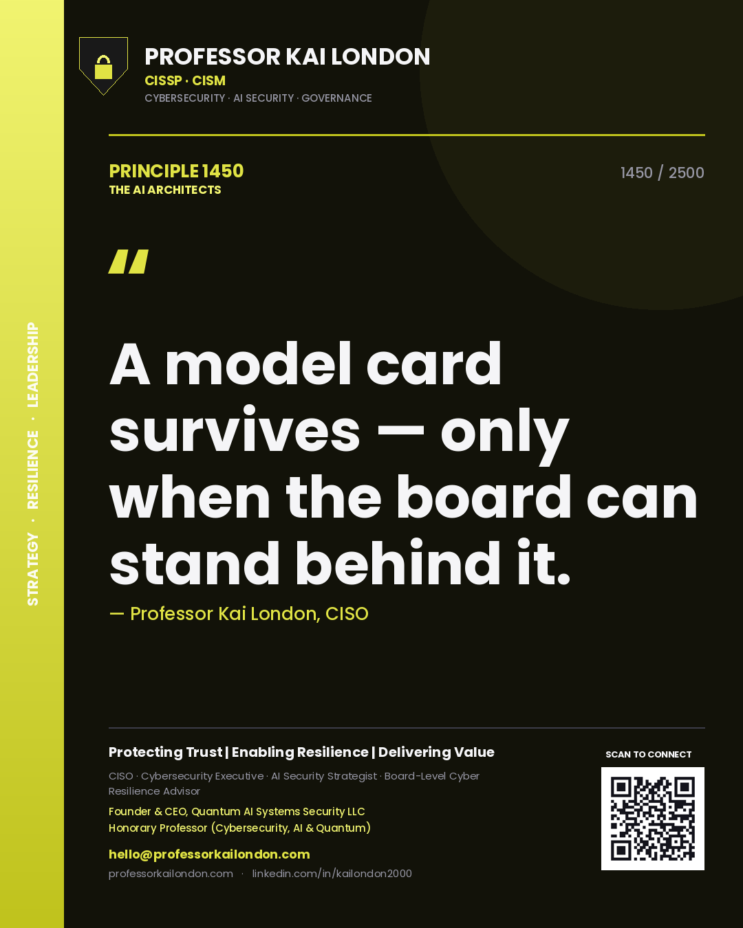Quote card by Professor Kai London reading 'A model card survives — only when the board can stand behind it.'. From the book The AI Architects.