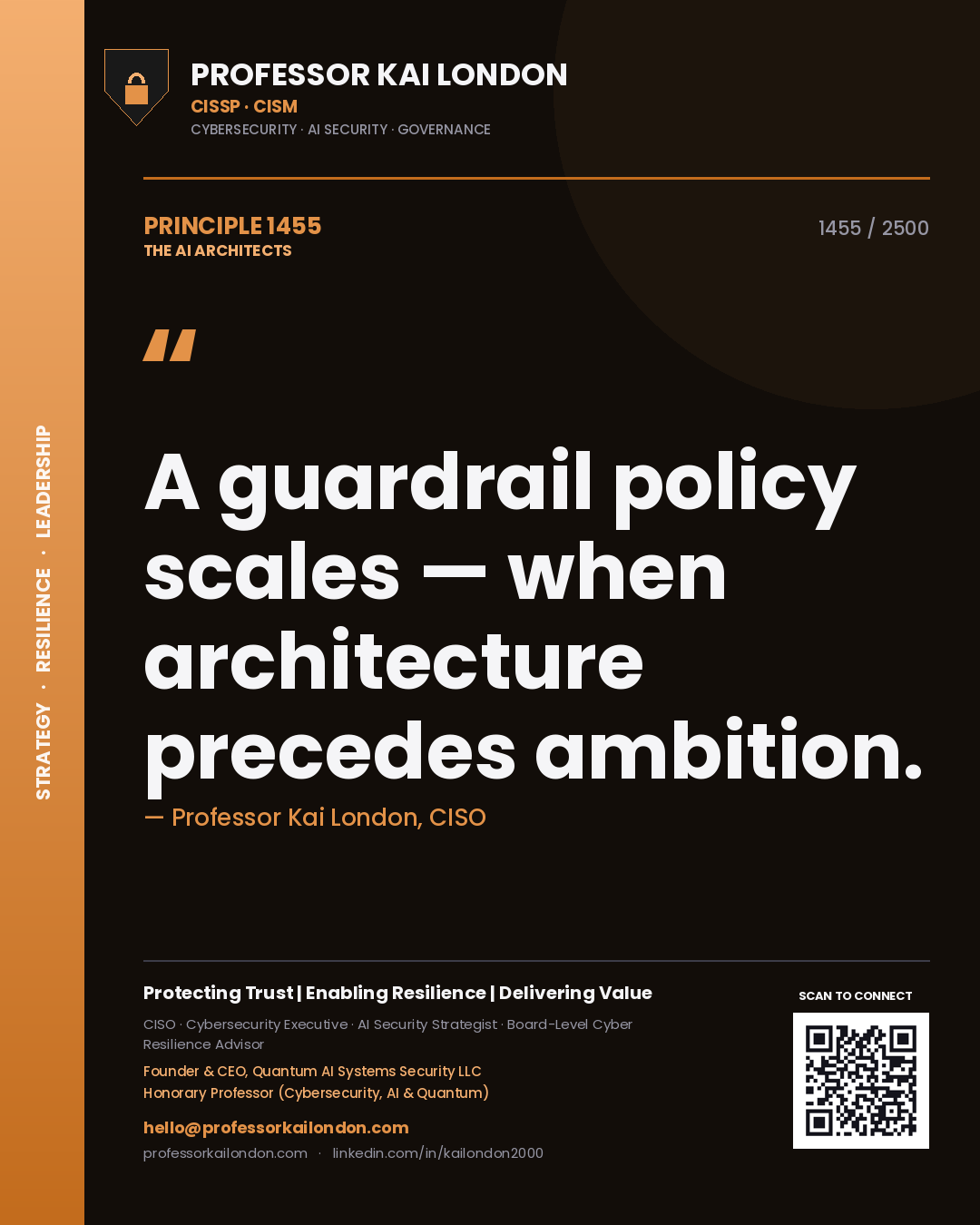Quote card by Professor Kai London reading 'A guardrail policy scales — when architecture precedes ambition.'. From the book The AI Architects.