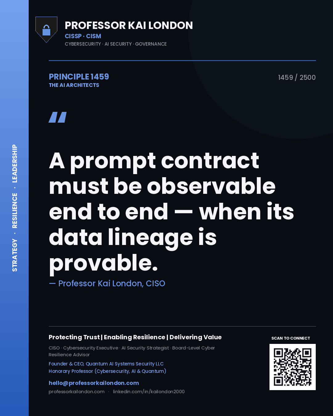Quote card by Professor Kai London reading 'A prompt contract must be observable end to end — when its data lineage is provable.'. From the book The AI Architects.