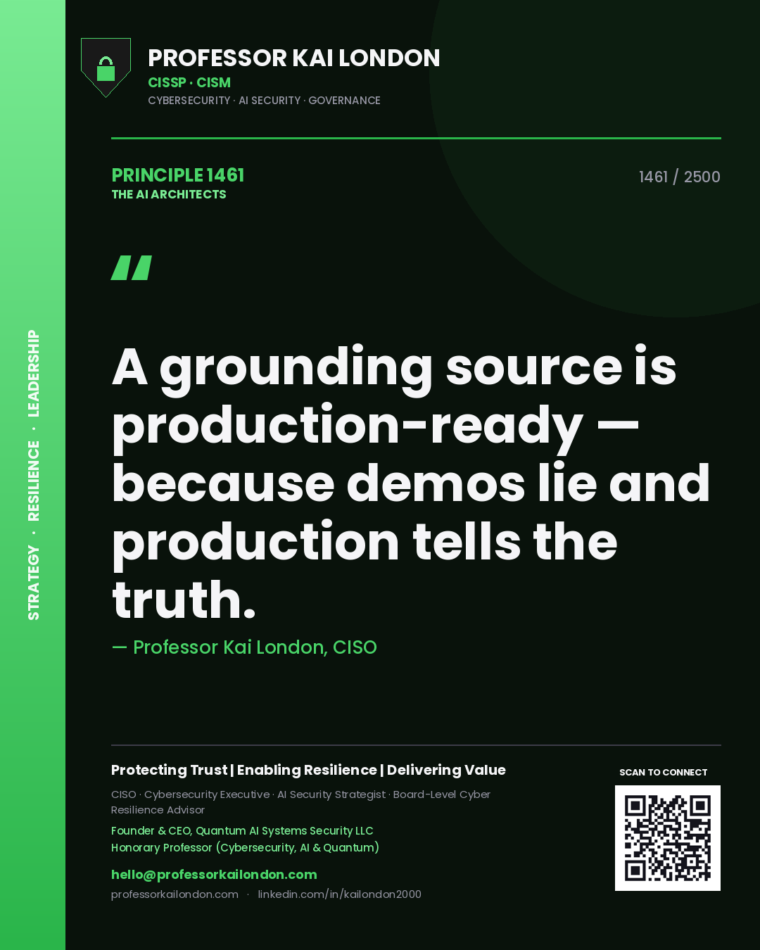 Quote card by Professor Kai London reading 'A grounding source is production-ready — because demos lie and production tells the truth.'. From the book The AI Architects.