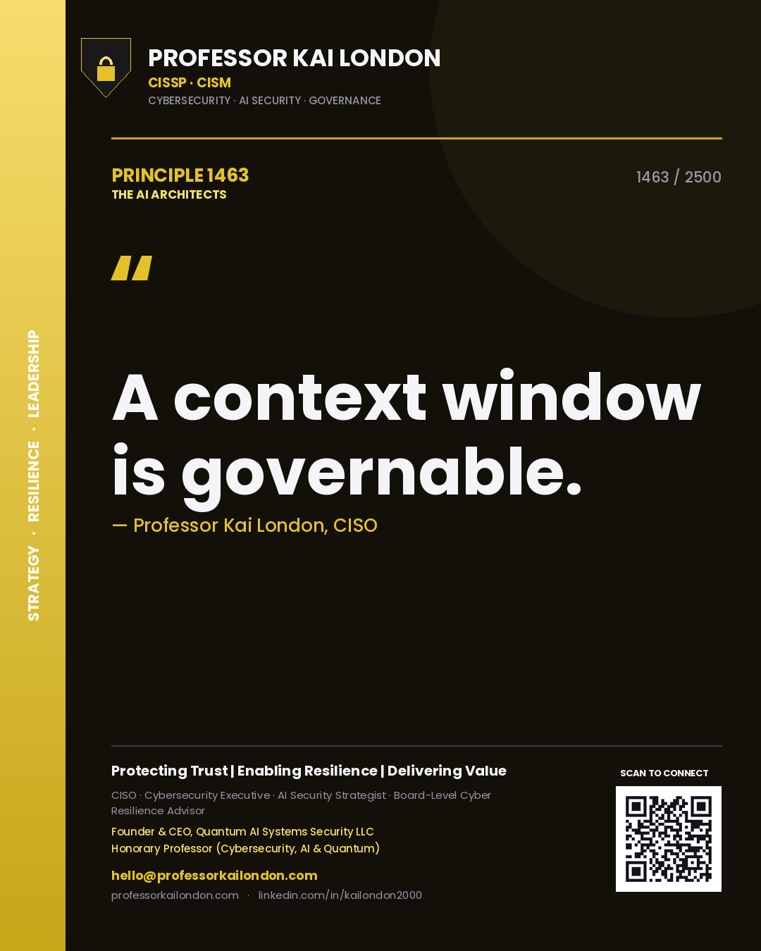 Quote card by Professor Kai London reading 'A context window is governable.'. From the book The AI Architects.
