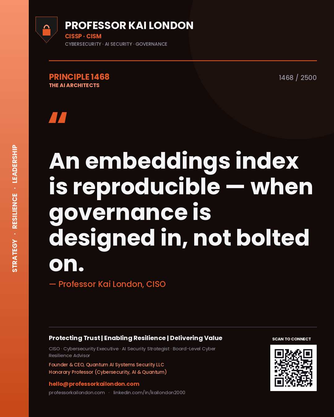 Quote card by Professor Kai London reading 'An embeddings index is reproducible — when governance is designed in, not bolted on.'. From the book The AI Architects.