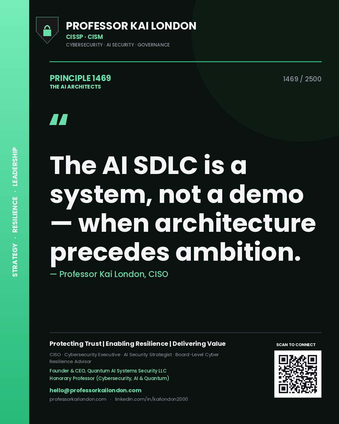 Professor Kai London principle 1469: The AI SDLC is a system, not a demo — when architecture precedes ambition.