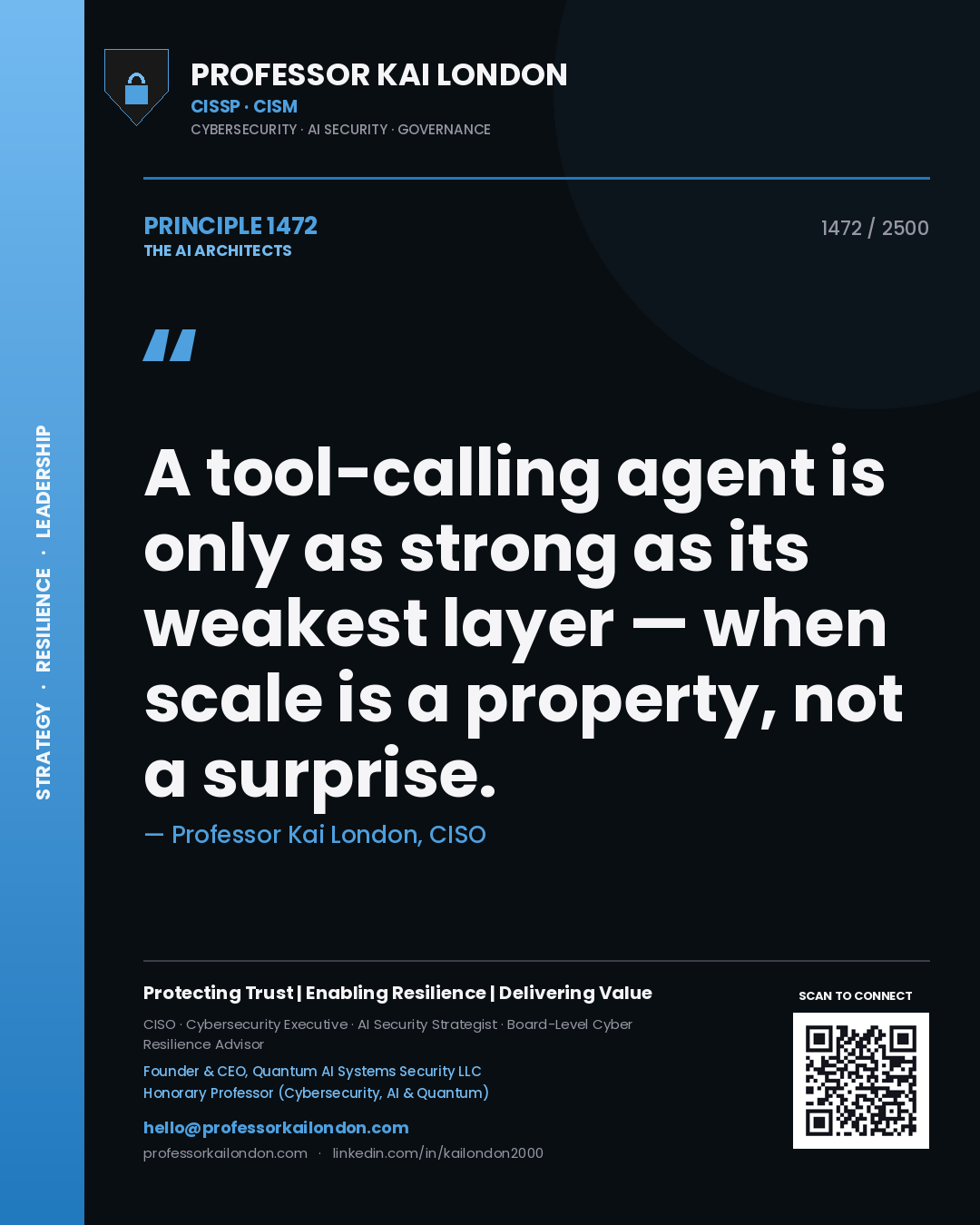 Quote card by Professor Kai London reading 'A tool-calling agent is only as strong as its weakest layer — when scale is a property, not a surprise.'. From the book The AI Architects.