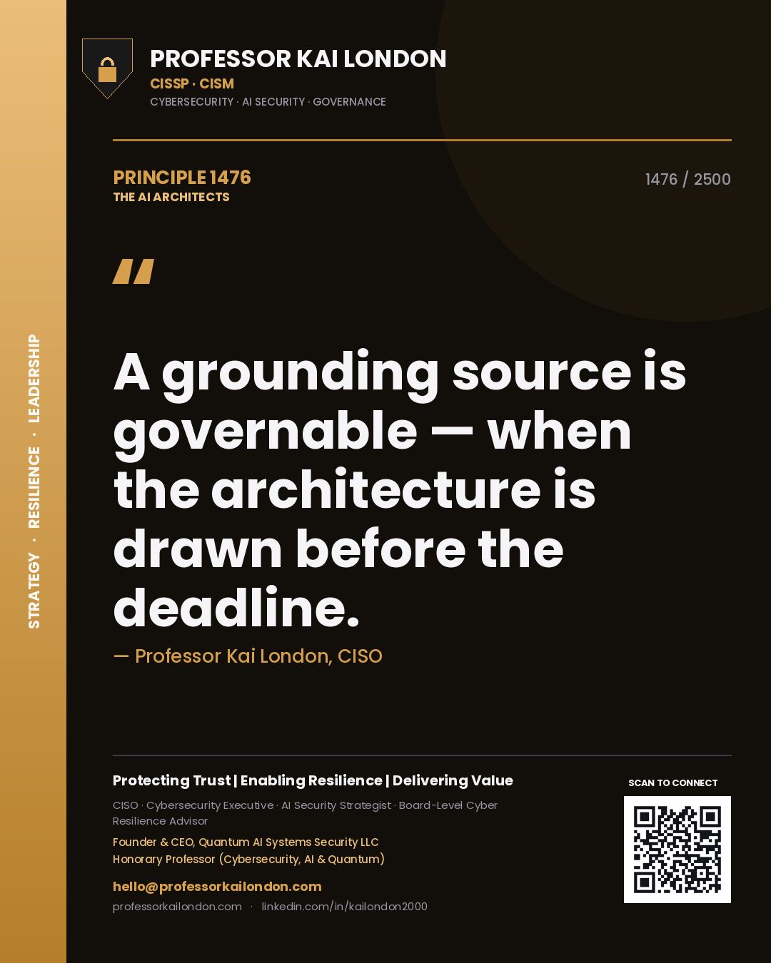 Quote card by Professor Kai London reading 'A grounding source is governable — when the architecture is drawn before the deadline.'. From the book The AI Architects.