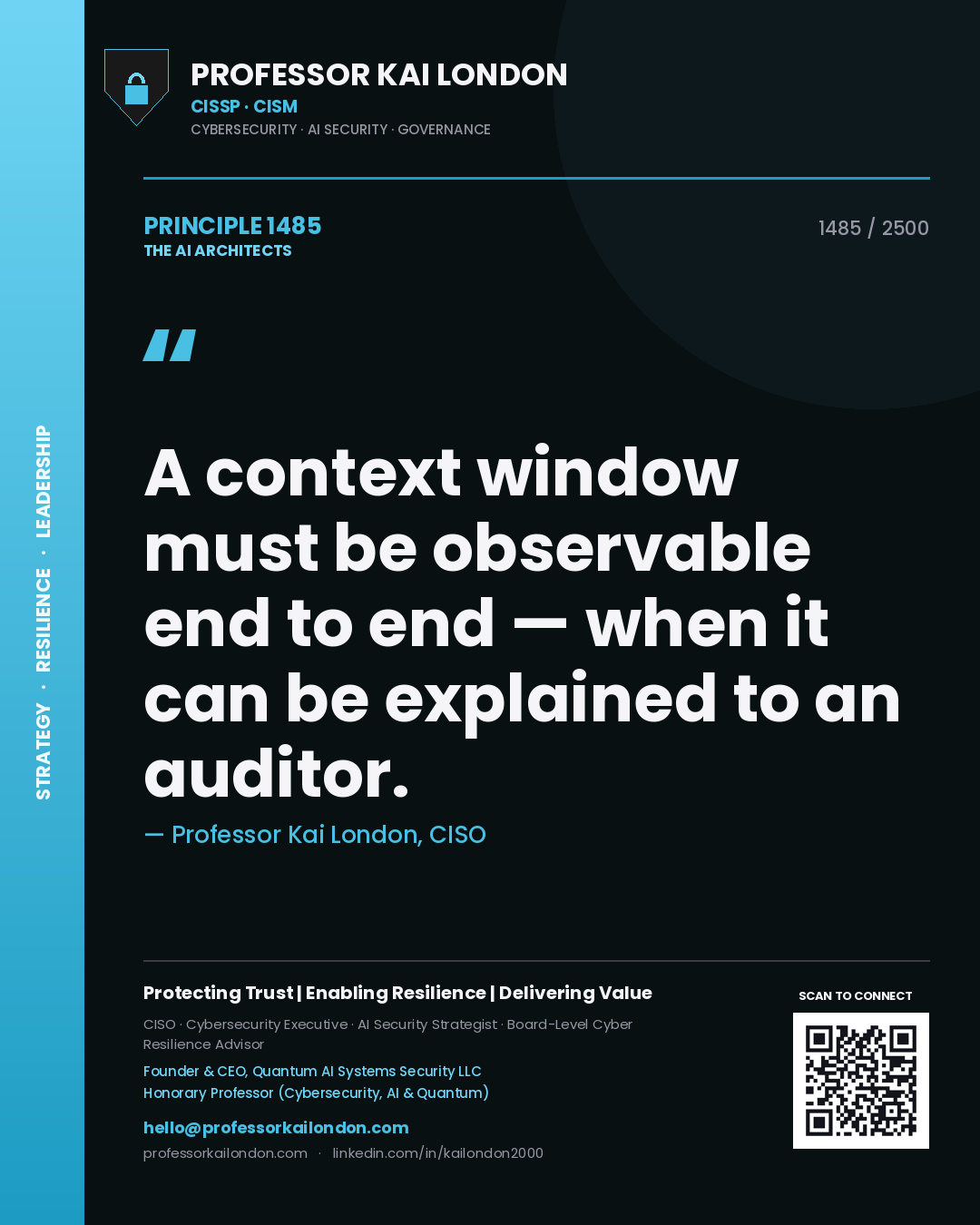 Quote card by Professor Kai London reading 'A context window must be observable end to end — when it can be explained to an auditor.'. From the book The AI Architects.
