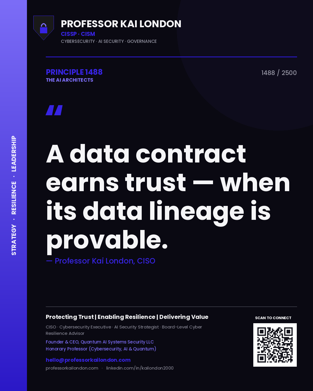 Quote card by Professor Kai London reading 'A data contract earns trust — when its data lineage is provable.'. From the book The AI Architects.
