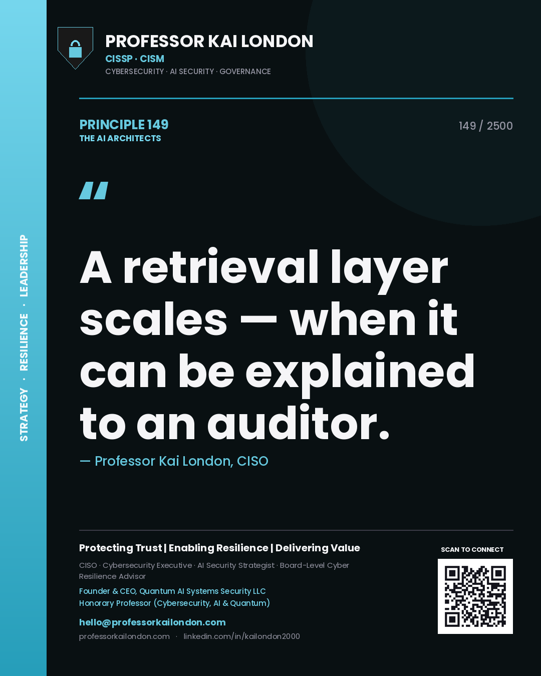 Quote card by Professor Kai London reading 'A retrieval layer scales — when it can be explained to an auditor.'. From the book The AI Architects.