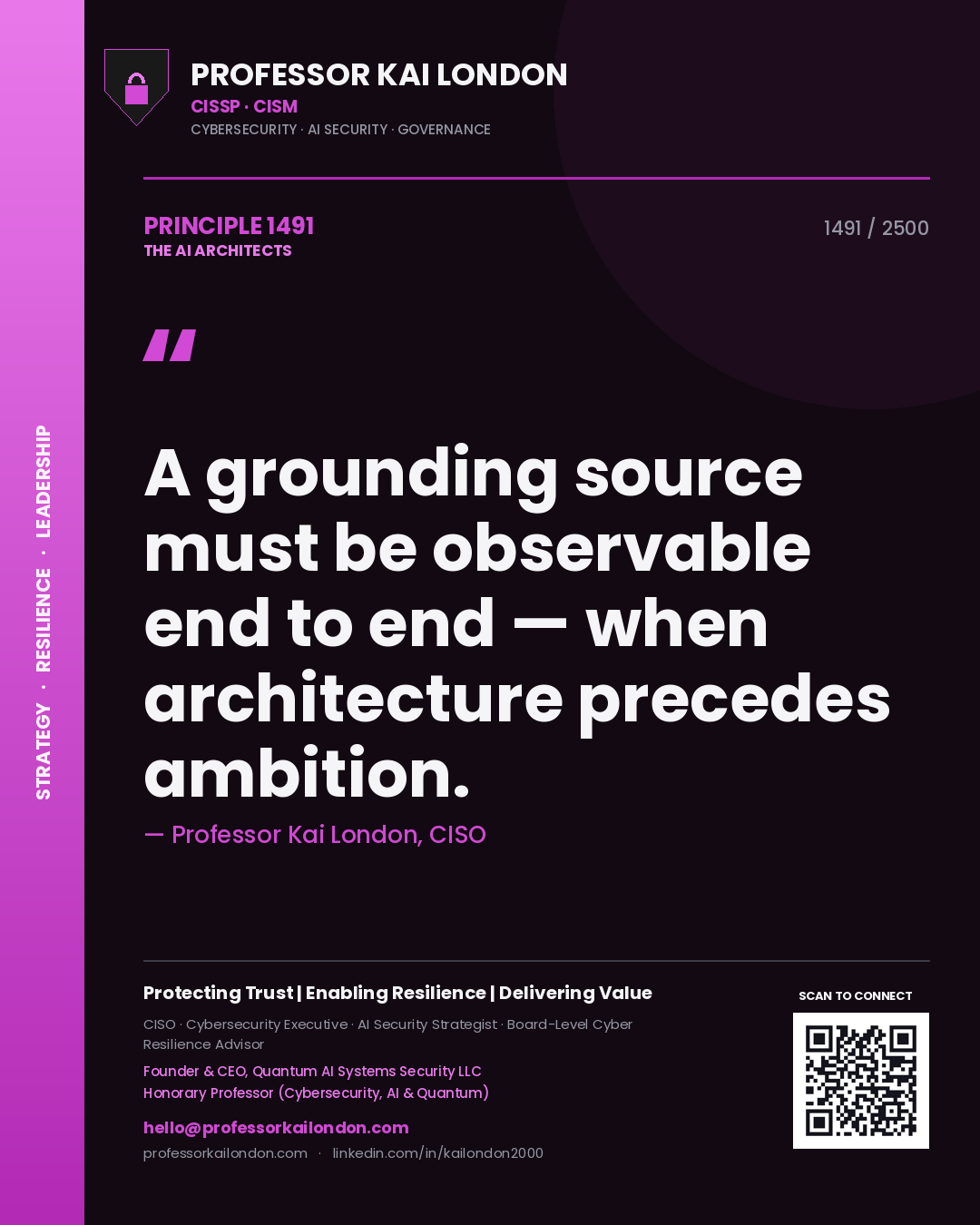 Quote card by Professor Kai London reading 'A grounding source must be observable end to end — when architecture precedes ambition.'. From the book The AI Architects.